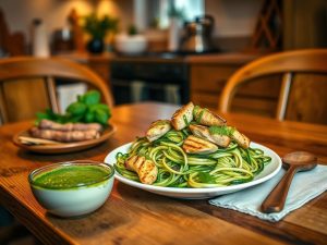 Macarrão de Abobrinha com Molho Pesto e Frango Grelhado